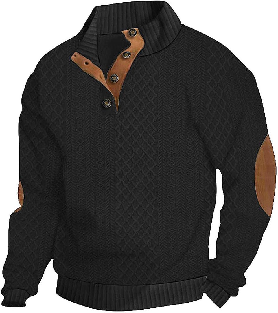 Men's Casual Sweatshirt Pullover Sweater Casual Long Sleeve Stand Collar Quarter Button Sweaters (XX-Large, Black)