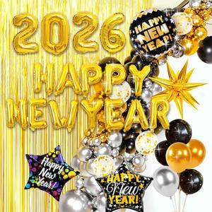 New Year Decorations 2026 Kit, Happy New Years Eve Party Supplies 2026, 2026 New Years Decoration Set with 2026 Foil Balloons Happy New Year Banner Foil Balloons, Fringe Curtains for NYE Decor