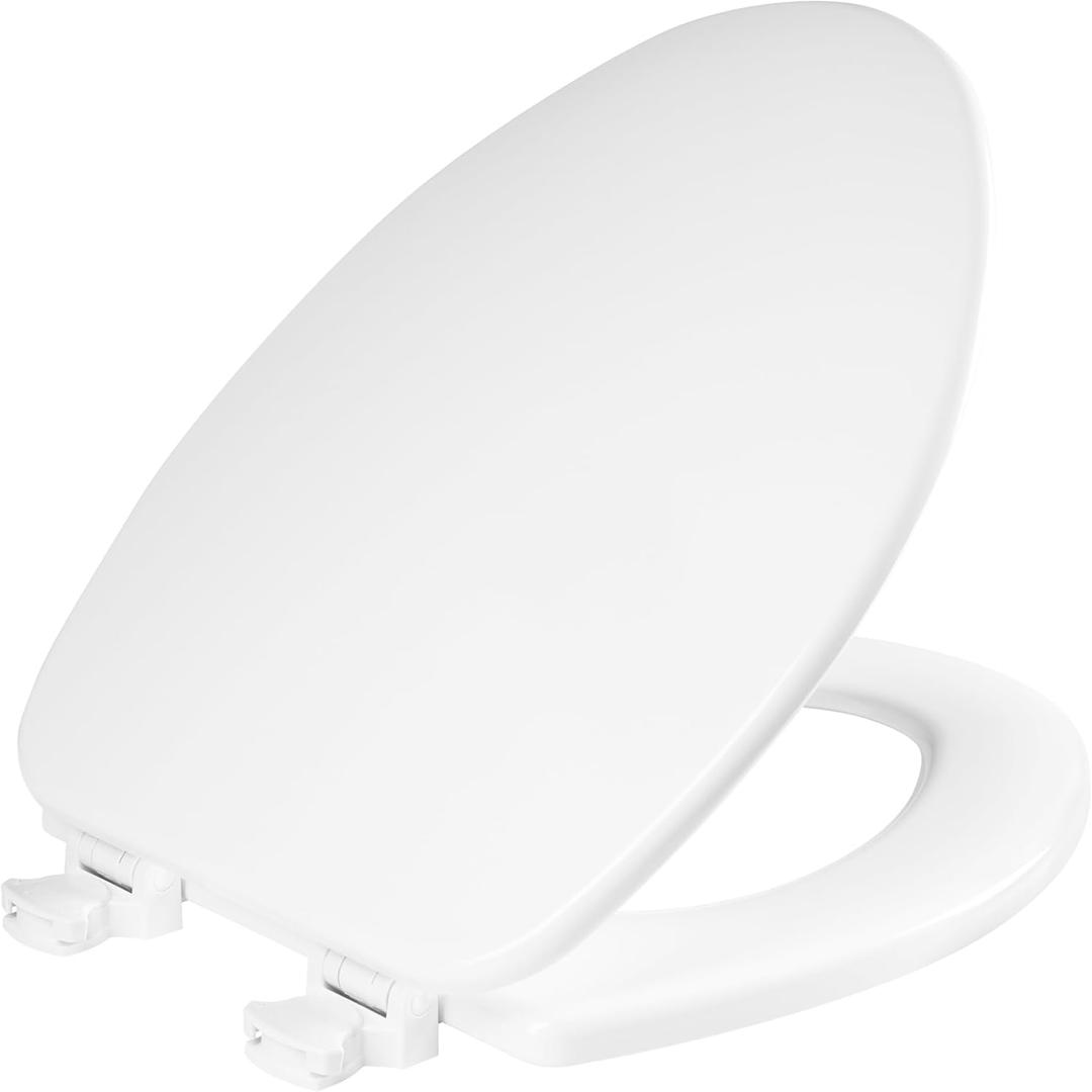 CHURCH Toilet Seat, Easy Clean Hinges Release for Deep Cleans, Durable Enameled Wood Seat, Elongated, White CHURCH Toilet Seat, Easy Clean Hinges Release for Deep Cleans, Durable Enameled Wood Seat, Elongated, White