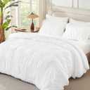 Andency Ruched White Full Size Comforter Sets, Shabby Chic Pleatd Bedding Sets 3 Pieces, Lightweight Soft Boho Ruffle Bed Set for Girls, Kids, Women, All Season