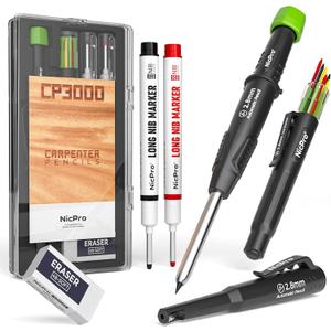 Nicpro Carpenter Pencil with Sharpener, CP3000 Construction Pencils with 6 Refills in a Lead Dispenser, Deep Hole Long Nib Marker Pens for Construction, Heavy Duty Carpenter Tools for Woodworking