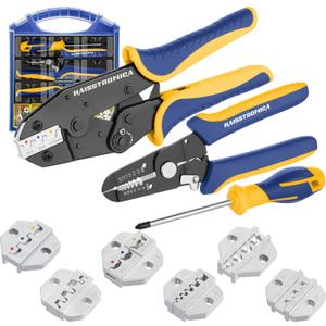 haisstronica Crimping Tool Set - 6PCS Crimping Die for Heat Shrink,Insulated Nylon,Non-Insulated,Ferrule Wire End,Open Barrel Terminals,Solar Connectors - with Wire Stripper Tool and Screwdriver