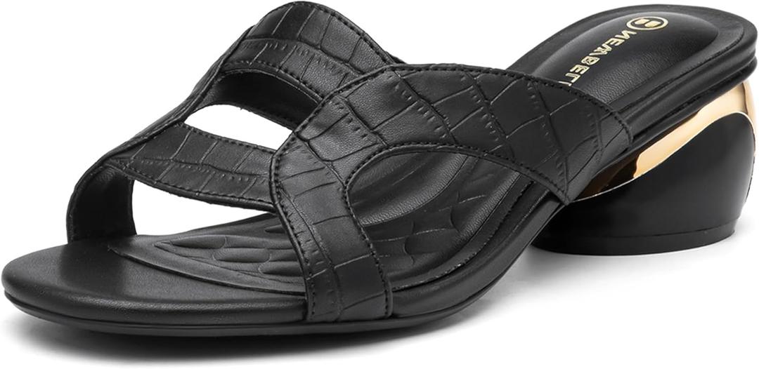 NEWBELLA Round Toe Womens Sandals, Open Toe Heeled Mules for Wide Feet (Black, Adult, Women, 7, Numeric, US Footwear Size System, Medium)