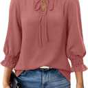 siliteelon Peasant Blouses 3/4 Length Sleeve Womens Tops Ruffle Collar Tie V Neck Lace Shoulder Dressy Casual Summer 2026, Size M