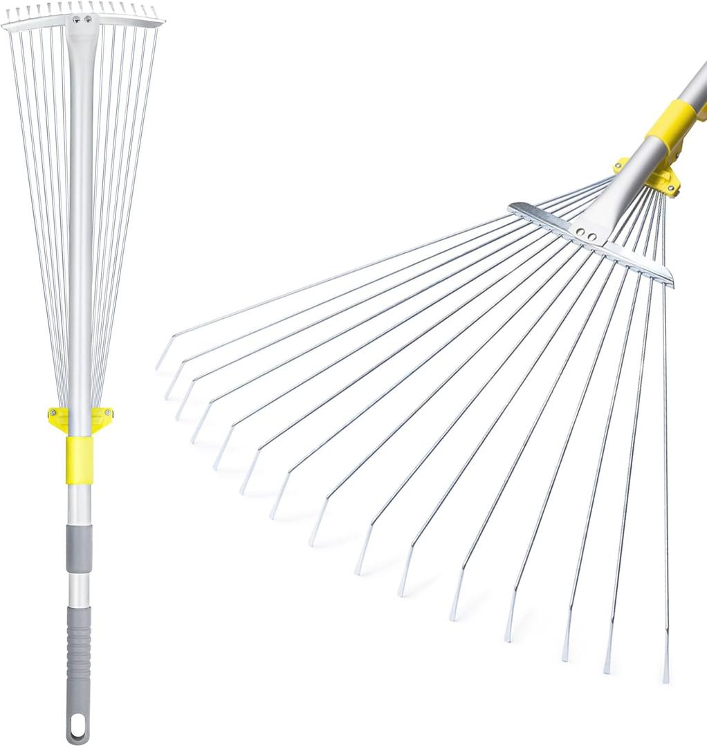 JARDINEER Adjustable Metal Leaf Rake, for Leaves Shrubs and Small Areas in Garden, Yard, Lawn, with Expandable Head 7-23", for Men Women Kids