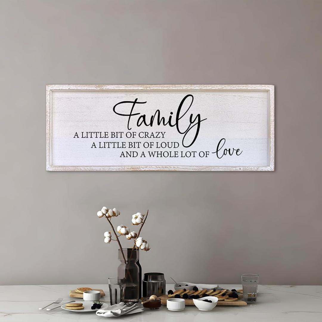 Family A Little Bit Of Crazy Sign Wall Decor 32"12" Rustic Farmhouse Living Room Large Soild Wood Framed Hallway Hanging Sign Aesthetic Inspirational Quotes Entryway Home Wall Art (White)