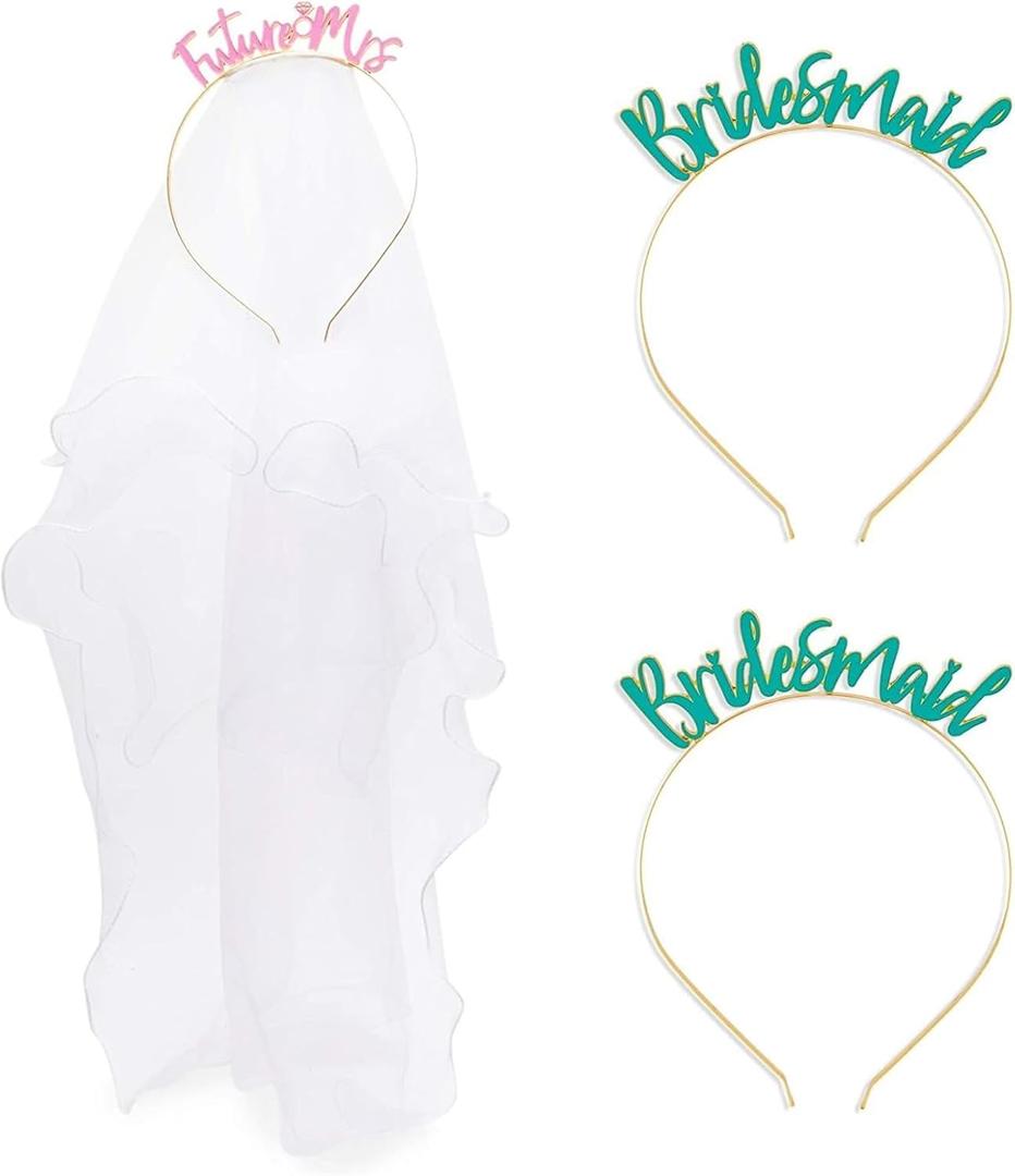 Sparkle and Bash Ms to Mrs Headband & Bridesmaid Headbands 3-Pack - One Size Fits Most Flexible Metal Headpieces in Pink & Teal - Wedding Veil Photo Props for Bachelorette Party