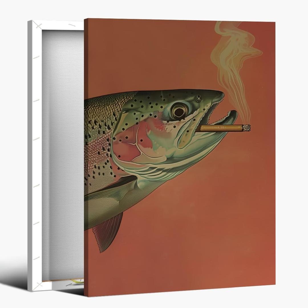 Framed Canvas Wall Art Funny Fishing Wall Decor Vintage Trout Poster Whimsical Cabin Artwork Outdoor Sports Fisherman Prints Aesthetic Posters For Bedroom Decor Framed12x16inch
