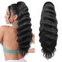 Flufymooz Ponytail Extension, 26 Inch Wavy Drawstring Ponytail Long Ponytail Hair Extension Soft Synthetic Hairpiece for Women Natural Black