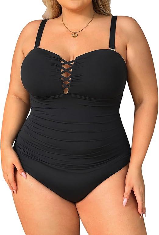 Yonique Plus Size One Piece Swimsuit for Women Tummy Control Bathing Suit Slimming Swimwear, Size 14W, Black01