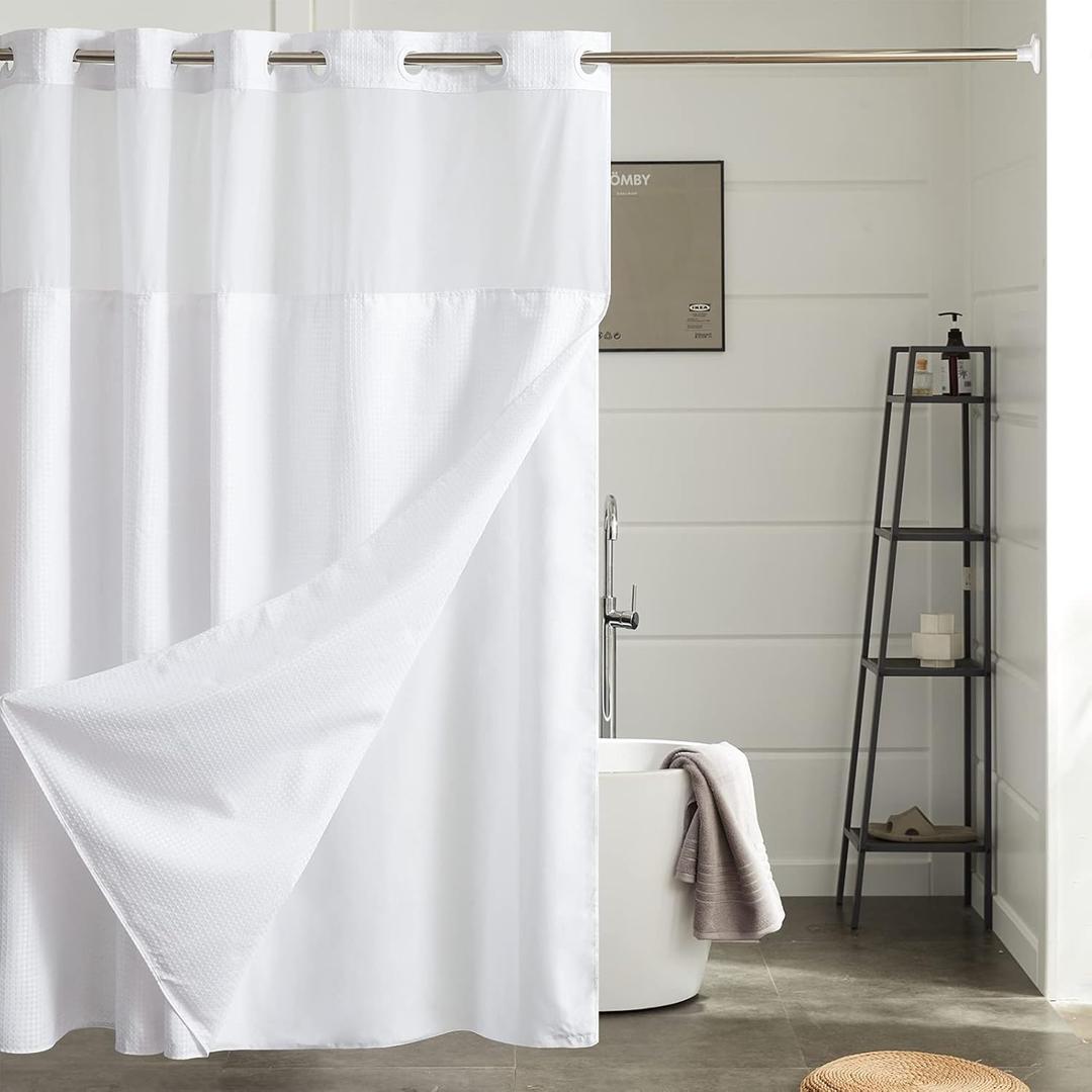 Furlinic No Hook Waffle Weave Shower Curtain with Snap in Waterproof Fabric Liner,Thick Textured Bathroom Curtains with Top Window,Machine Washable,White,71x78 Inch