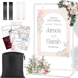 Adjustable Wedding Welcome Sign Stand with 2 Pair Hanging Straps, Welcome to Our Wedding Sign Holder Stand for Reception, Heavy Duty White Easel Stands for Sign Poster, Metal Floor Standing