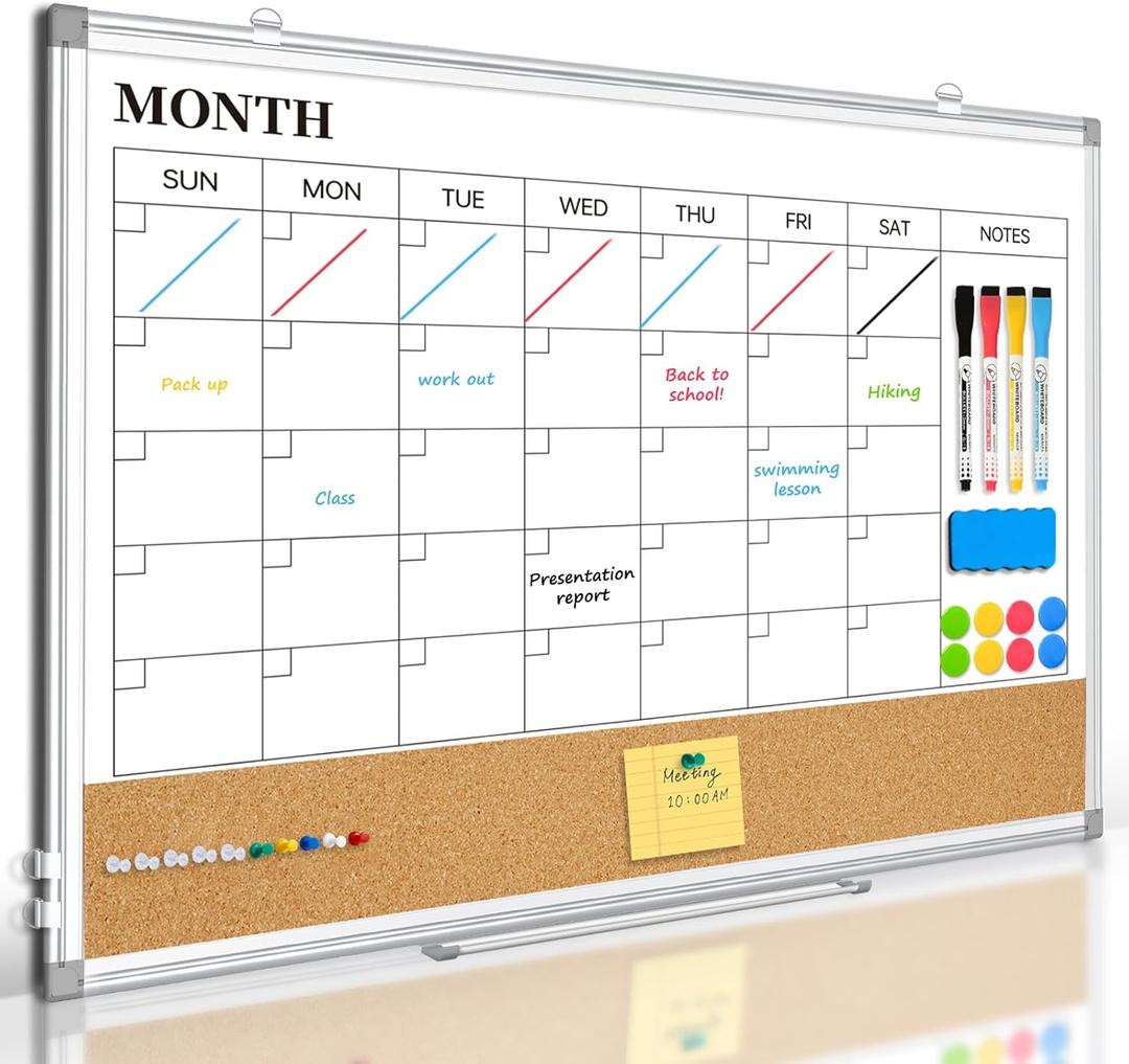 Dry Erase Calendar Whiteboard for Wall, 24"x18" Magnetic Monthly White Board Cork Board Combo, Double Sided, Aluminum Frame, Wall Hanging Wipe Board for Home, Office, School, Dorm (Silver)