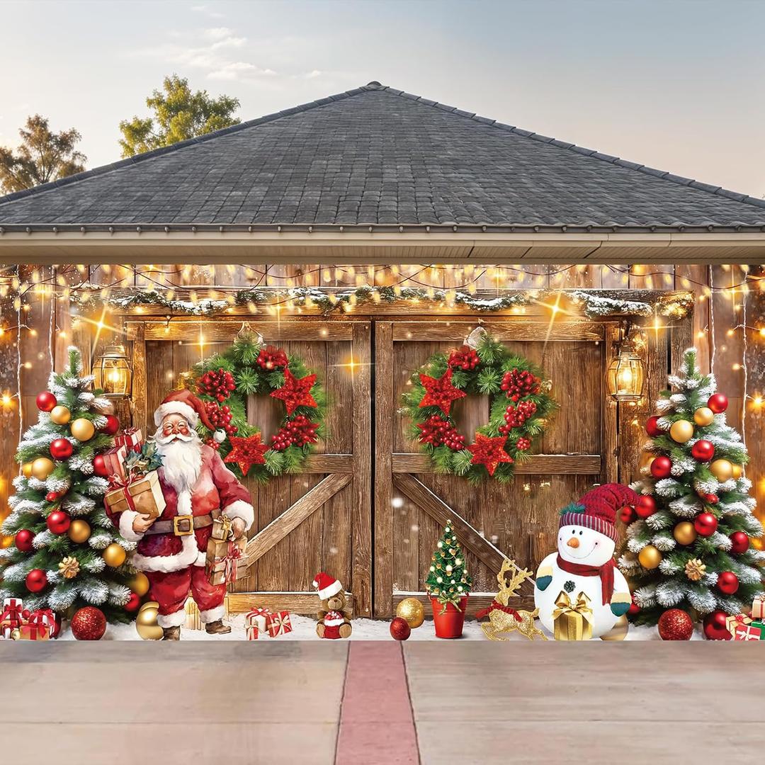 aqwtihaj 7 x 16 ft Christmas Garage Door Banner Decorations Rustic Barn Wood Door Christmas Garage Door Cover Large Xmas Santa Claus Snowman Wall Door Backdrop for Xmas Winter Indoor Outdoor Decor