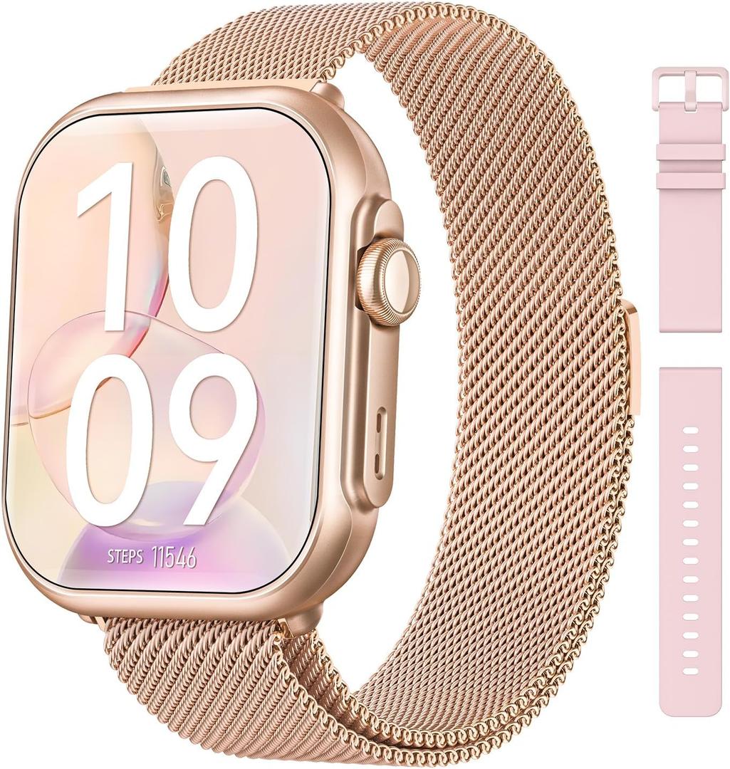 Smart Watch for Women Men Fitness: Smart Watch for iPhone&Android Bluetooth Call with SpO2 Sleep Heart Rate Monitor,IP68,Fitness Tracker with 120+Sport,Reloj Inteligente 30 Day+Battery Life, 2 Bands (Gold-Pink)