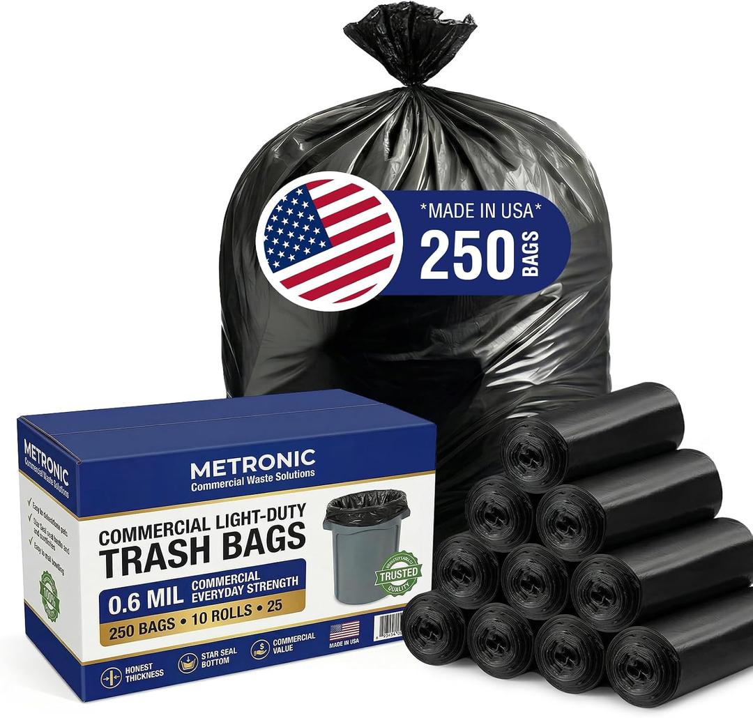METRONIC 30-33 Gallon Trash Bags, 250 Count Bulk 0.6 Mil Commercial Black Garbage Bags, 32 x 38 Light Duty Large Plastic Trash Bags, Commercial Liners for Office, Retail & Paper Waste, Made in USA