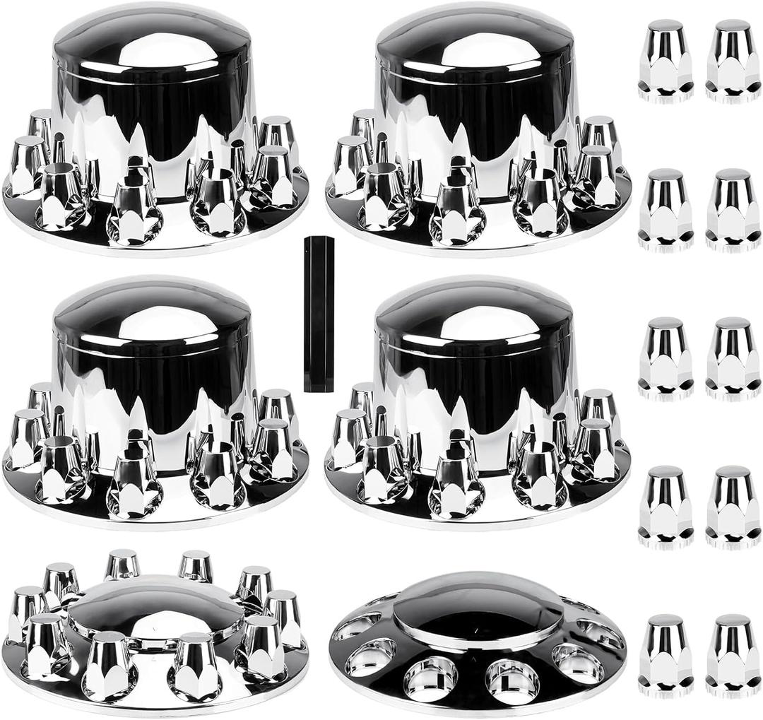 Youxmoto Chrome ABS 33 mm Thread-On Dome Axle Cover Combo Kit, 2 Front and 4 Rear with Removable Hub Caps and Lug Nut Covers for Semi Truck