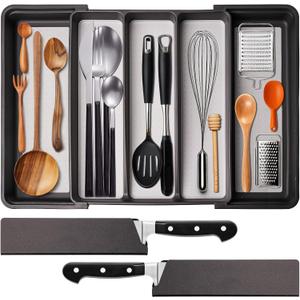 Silverware Drawer Organizer, Expandable Drawer Organizers, BPA Free Flatware and Cutlery Tray, Adjustable Plastic Storage with Anti-Slip Linner inside for Spoons Forks Knives with 2 Knife Guards, Grey Silverware Drawer Organizer, Expandable Drawer Organizers, BPA Free Flatware and Cutlery Tray, Adjustable Plastic Storage with Anti-Slip Linner inside for Spoons Forks Knives with 2 Knife Guards, Grey