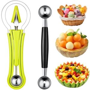 Patelai 2 Pieces Melon Baller Scoop Set, 4 in 1 Fruit Cutters Stainless Steel Watermelon Scooper and Ice Cream Baller for Dig Pulp Separator Fruit Slicer
