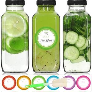 STARSIDE 12 oz 3 Pack Glass Juice Bottles with Lids - Square Reusable Drinking Jars for Juicing, Milk, Kombucha - Includes 1 Bottle Brush, 6 Colored Labels