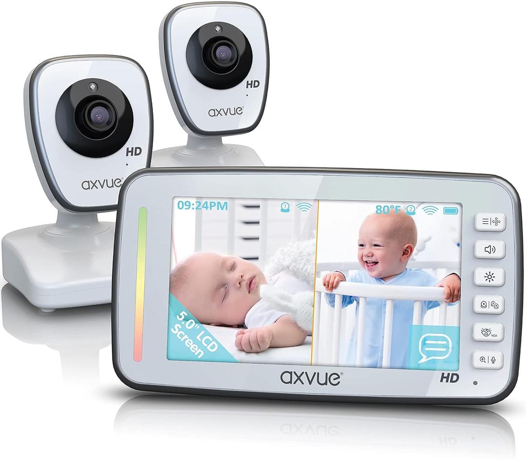 AXVUE HD Video Baby Monitor, 720P HD Image Quality, 5.0" IPS Screen Monitor & 2 Camera, Range up to 1000ft, 24 Hour Battery Life, 2-Way Talk, Split Screen, Night Vision, Temperature Monitor, No WiFi