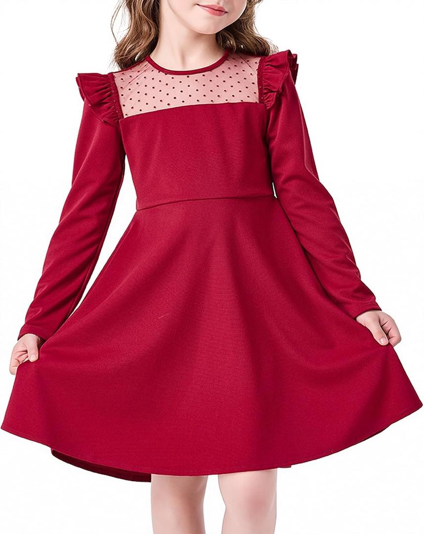 Girls Casual Dress Crew Neck Cute Girls Ruffle Long Sleeve A Line Mesh Party Dress for Kids Teens, Size 9-10 Years Red 