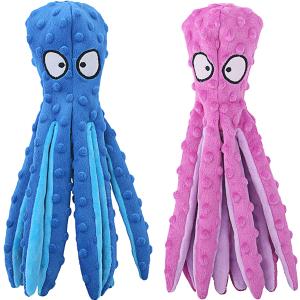 HGB Squeaky Dog Toys - Octopus No Stuffing Crinkle Plush Large Dog Toys to Keep Them Busy, Interactive Puppy Teething Chewing Pet Supplies for Chewer, Small, Medium, Large Breeds, 2 Pack (Octopus Purple & Blue)
