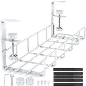 Under Desk Cable Management Tray, 15.7'' No Drill Steel Cable Tray Organizers, Wire Management Tray Cable Rack with Clamp Mount, Metal Under Desk Tray with Wire and Cord Organizer White1pack