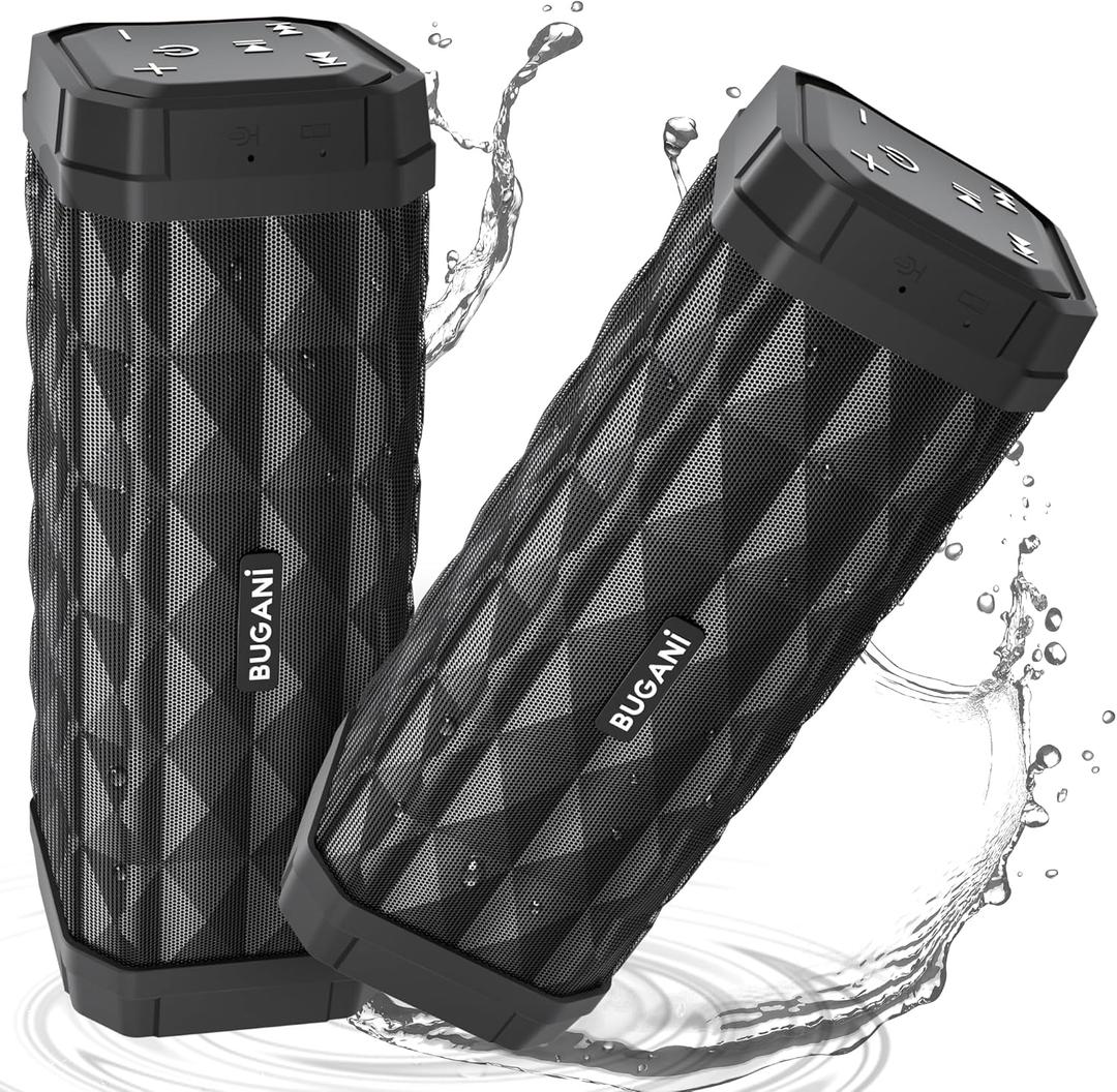 BUGANI Bluetooth Speakers, Portable Speakers, 100FT Range Bluetooth 5.0 TWS Pairing,IPX5 Waterproof Speakers Built-in Mic, 24H Play Type-C,Suitable for Outdoor Speakers at Travel/Party(2 Pack)