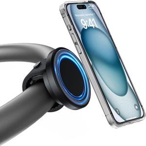 Stroller Phone Holder, Compatible with MagSafe, Magnetic Handlebar Mount, 17x N52 Strong Magnets, Fits Treadmills, Peloton, Shopping & Golf Carts, Adjustable Strap, iPhone 12-17 & Android