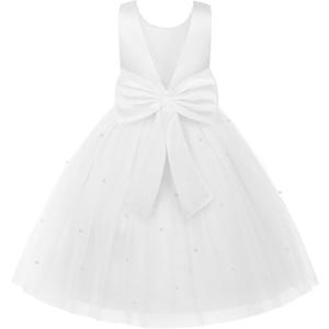 Uhnice Flower Girl Dress Satin Ball Gown for Wedding Party with Bowknot (5-6 Years, White)