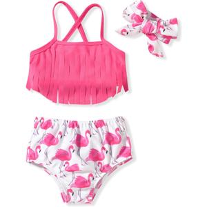 Toddler Infant Baby Girls Swimsuit Tassels Bikini Two Pieces Bathing Suit Summer Beach Outfits Set (2-3T, Multicolored Flamingo a)