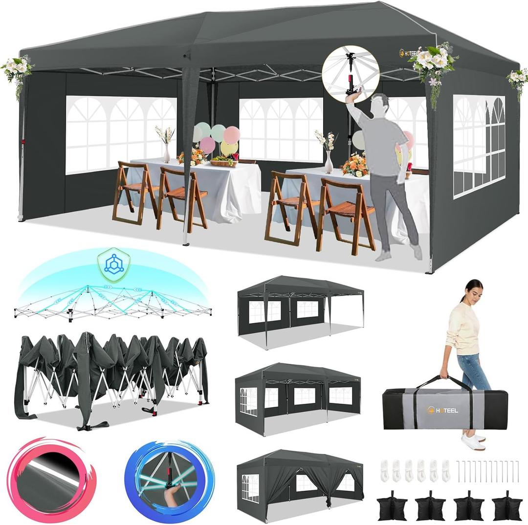 HOTEEL 10x20 Pop Up Canopy Tents for Parties with 6 Sidewalls & 8 Wind-Resistant Rods & Carry Bag, Outdoor Tent Easy Setup for Wedding, Patio Events, Commercial, Waterproof and UV50+ Protection,Grey (Gray)