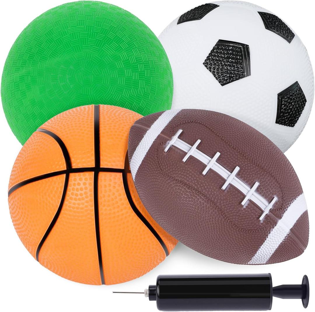 LovesTown 4-Pack Sports Balls, 5-Inch Soccer, Basketball, Playground Balls & 7 Inch Footballs for Toddlers with Pump Indoor Outdoor Toys Birthday Party Favors for Kids