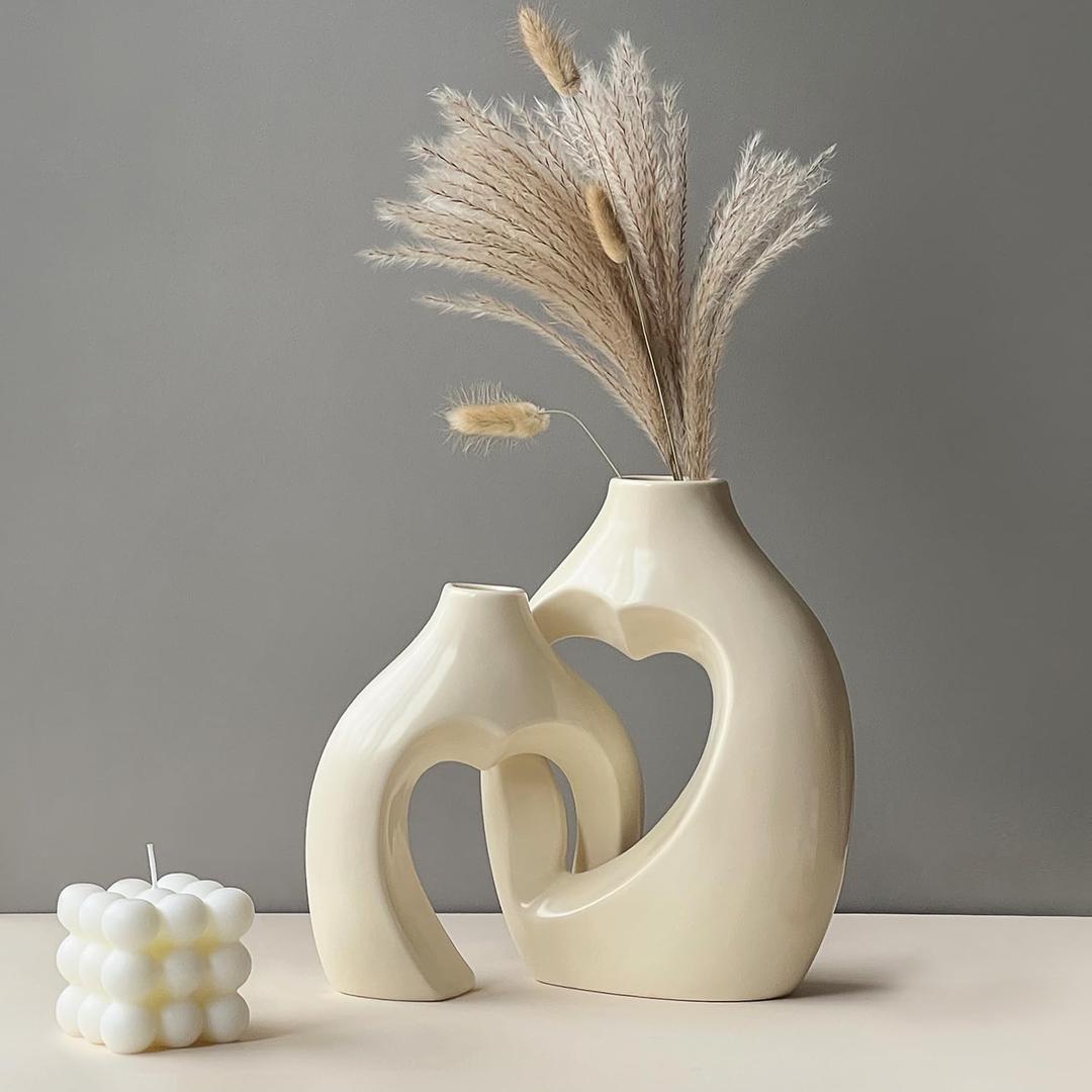 Modern Beige Ceramic Vase Set of 2 for Living Room Bedroom 8.27'' and 6.69'' Cream Minimalist Unique Creative Heart Shape Flower Vases for Home Decor Office Centerpieces Gift for Fake Plant