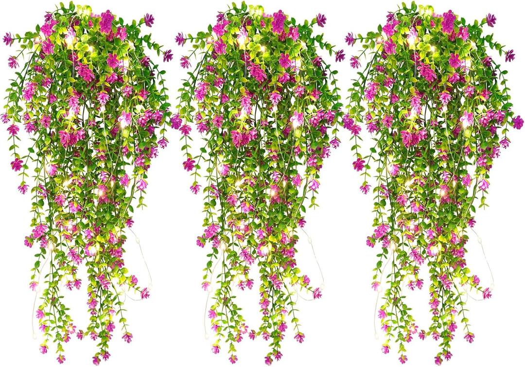 RECUTMS Artificial Hanging Plants with Lights Fake Hanging Plant Faux Eucalyptus Leaf Greenery Vine Outdoor UV Resistant Plastic Plants Home Garden Wedding Party Indoor Outdoor Decorations (Fuchsia)