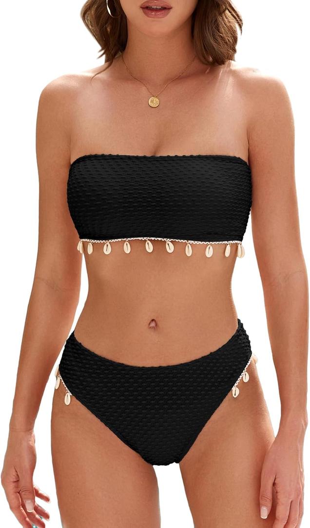 ZAFUL Women Strapless Bandeau Bikini Shell 2 Piece Swimwear Cheeky Solid Lace up Pom Bathing Suits (Small, 0-black)