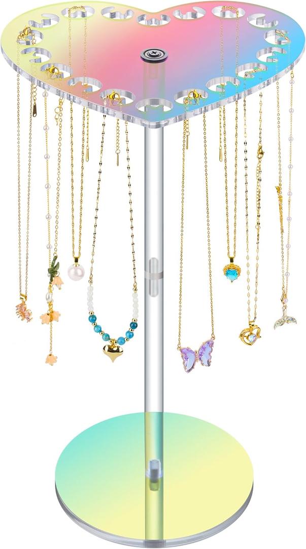 NiHome Iridescent Acrylic Rotating Necklace Holder Organizer, Heart-Shaped Top Multifunctional Jewelry Storage, Space-Saving Necklace Organizer, Keeps Vanity Neat Adds Decorative Touch