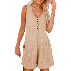 AlvaQ Womens Short Jumpsuits Solid Color Summer Casual Waffle Button Front Sleeveless Rompers with Pockets (X-Large)