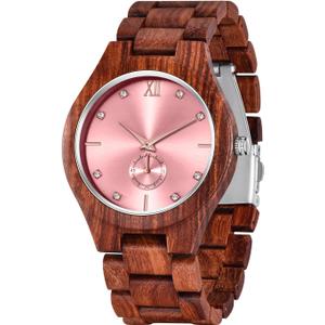 Men's Handmade Wooden Watches Mens Lightweight Analog Quartz Wood Mens Wrist Watch (red)