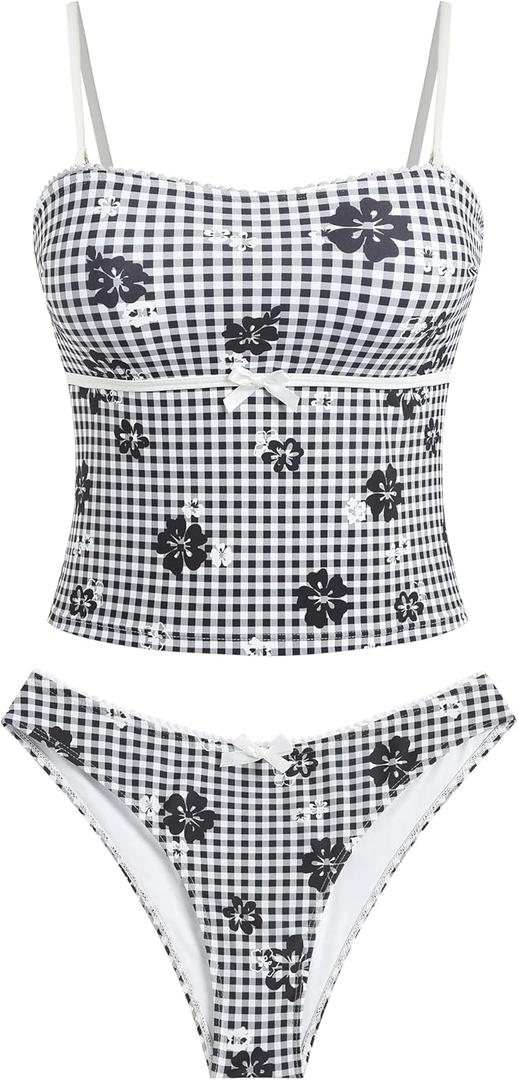 ZAFUL Tankini Swimsuits for Women Bow Tie Side Bathing Suits Tummy Control High Cut Two Piece Bikini Sets (Large, Flower Black)