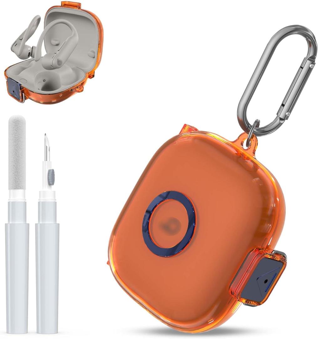 [Upgrade Secure Lock] for Beats Powerbeats Pro 2 2025 Case Cover with Cleaner Kit, AGENTNANO Clear TPU Shockproof Protective Cover with Beats Powerbeats Pro 2 Charging Case with Carabiner-Clear Orange