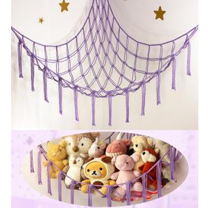 Stuffed Animal Storage Hammock or Net - Toy Hammock Net for Stuffed Animals Corner - Hanging Stuff Animal Organizer Holder Ideas for Plush Plushie - Purple Kids Baby Nursery Wall Bedroom Room Decor (Large)
