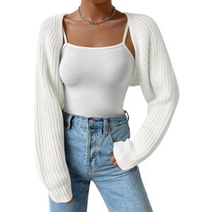 Women's Long Sleeve Open Front Knitted Crop Cardigan Drop Shoulder Knit Bolero Shrug Sweater (White)