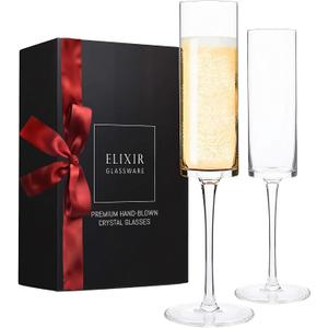 ELIXIR GLASSWARE Champagne Flutes - 6 oz - Set of 2 Crystal Glass Flutes, Hand Blown Edge Champagne Glasses - Premium Crystal Champagne Glasses - Wedding Gifts for Couples, Engagement Gift 