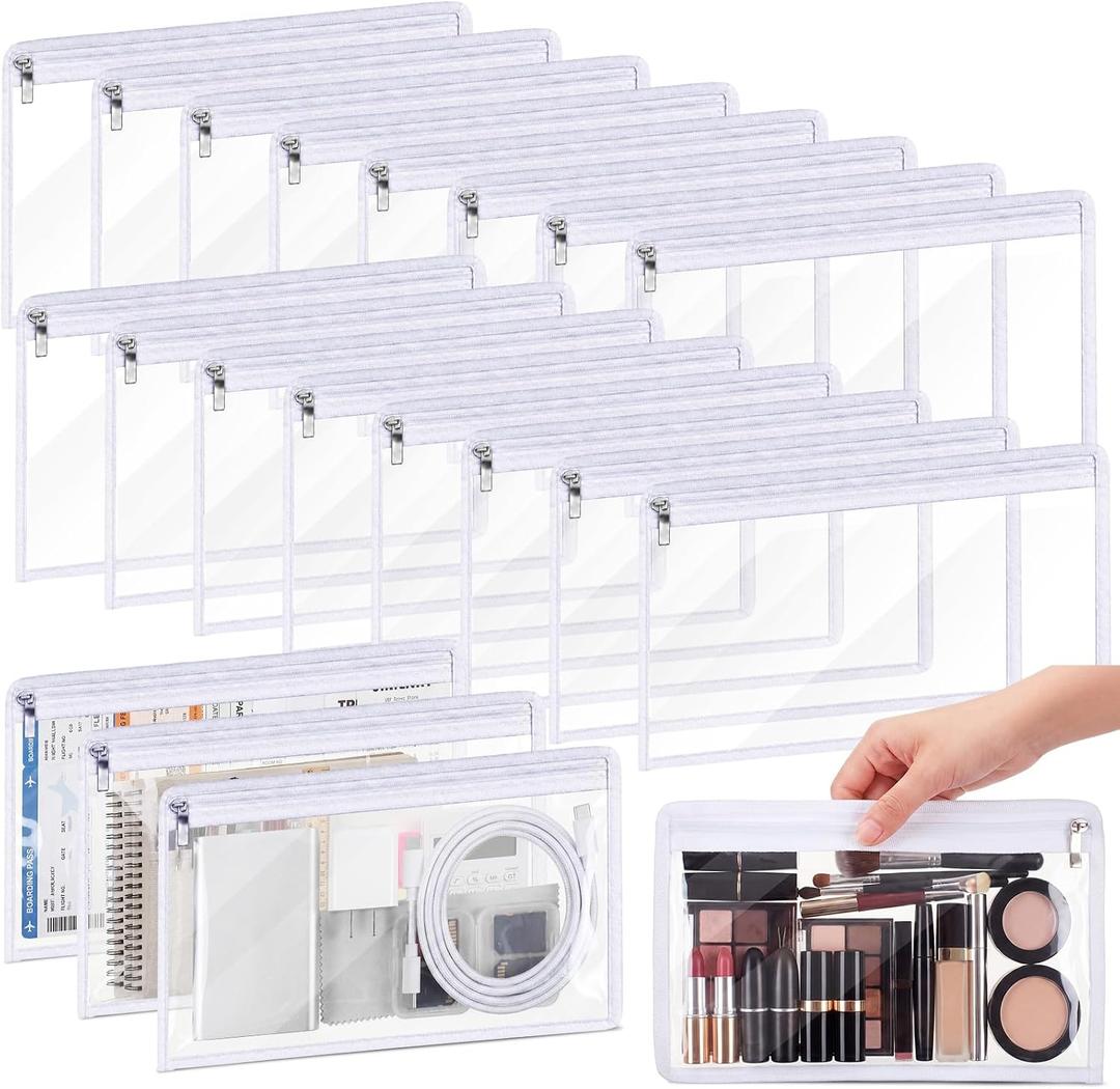 Ireer 18 Pcs Clear Zipper Pouches PVC Waterproof Pouch Bags Transparent Zipper Pouch Clear Storage Bags Multipurpose for Organizing Travel Cosmetics Document File (White,11.5 x 7 Inch)