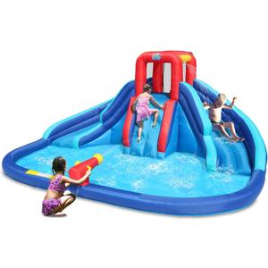 Action Air Water Slide, Inflatable Waterslide with Large Pool, Blue Bounce House with Double Slide and Climbing Wall