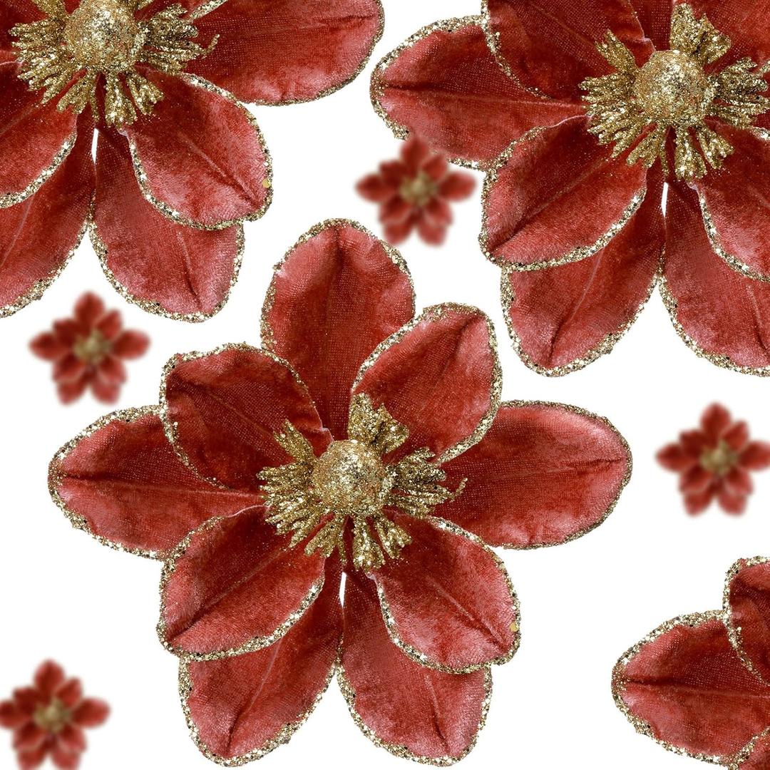 24 Pcs 5.9'' Large Christmas Magnolia Flower Artificial Glitter Velvet Christmas Tree Decoration Fold Xmas Ornaments for Tree Xmas Holiday Wedding Party New Year (Classic,Rose Gold)