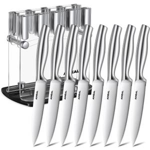 Aiheal Steak Knives Set of 8 with Clear Acrylic Stand, Stainless Steel Steak Knife Set, Sharp Micro-Serrated Steak Knives, Easy to Store (9PCS)