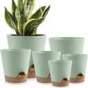 YNNICO Indoor Self Watering Planters with Drainage Holes and Saucers, 8, 7, 6.5, 6, 5.5, 5 Inches, Green, 6 Pots.
